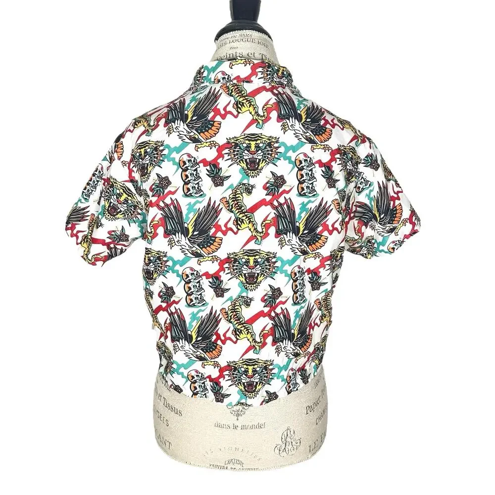Empyre | Women | Kidd White Tiger Eagle Skull Cropped SS Button Up Shirt | XS